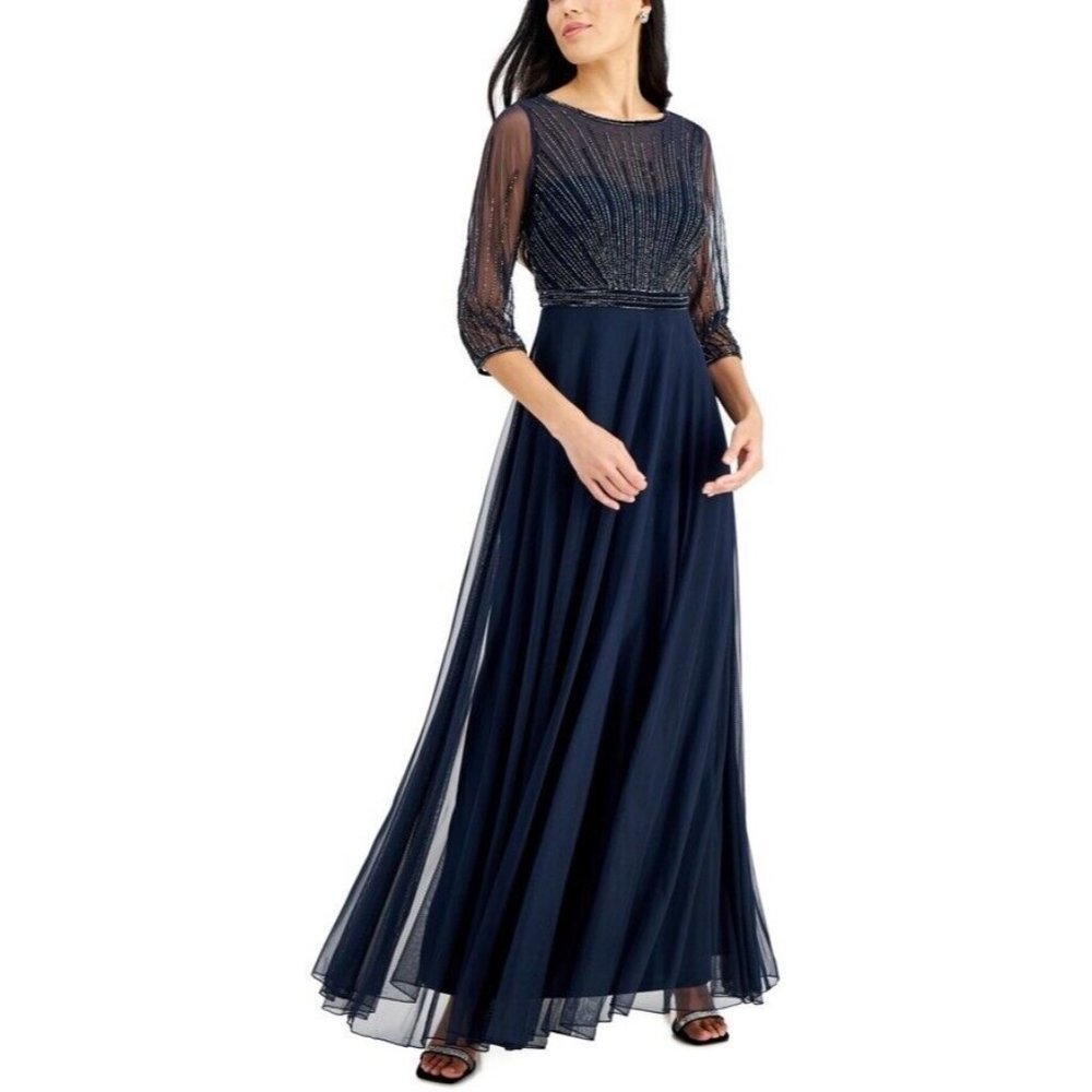 J Kara Navy Blue Beaded Long Sleeve Evening Gown